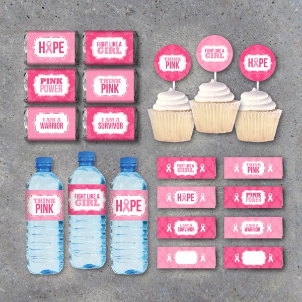 Breast Cancer Awareness Collection – Printable instant download candy wrappers, water bottle labels, tags, cupcake toppers & treat toppers