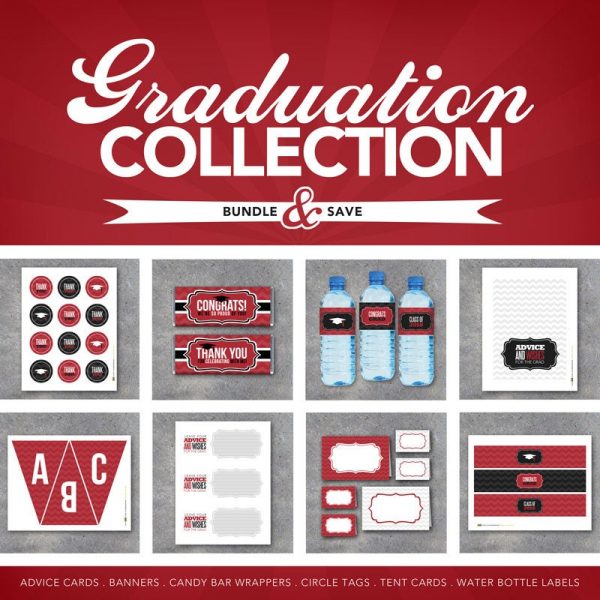 Graduation Collection in Red – Printable Digital Files – Advice Cards, Banner, Candy Bar Wrappers, Tags, Tent Cards and Water Bottle Labels!