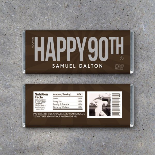 HAPPY 90TH Personalized Candy Bar Wrappers – Printable Birthday Hershey's Wrappers with PHOTO, name & text – Party favors, gift or gift tag