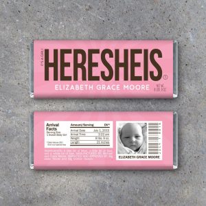HERESHEIS Personalized Birth Announcement Pink Candy Bar Wrappers – Printable Custom Download